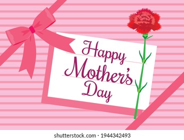 "Happy Mother's Day" Label and Pink Ribbon Bow Gift Wrap Design Greeting Card with Carnation