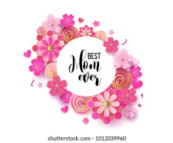 Happy mother's day layout design with roses, lettering, ribbon, frame, dotted background. Vector illustration. Best mom / mum ever cute feminine design for menu, flyer, card, invitation.