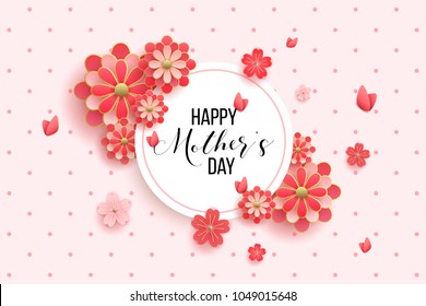 Happy mother's day layout design with roses, lettering, ribbon, frame, dotted background. Vector illustration. Best mom / mum ever cute feminine design for menu, flyer, card, invitation.