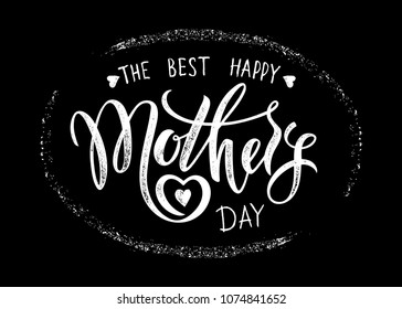 Happy mother's day layout design with hearts. Hand drawn lettering, stamp frame, rose. Vector illustration. Ever cute feminine design for menu, flyer, card, invitation. Black and white background.