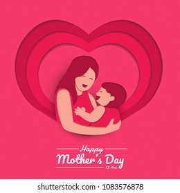 Happy mother's day layout design with roses, lettering, paper cut and texture background. Vector illustration.