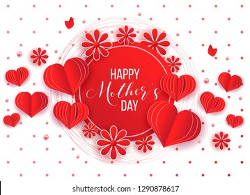 Happy mother's day layout design with flowers, lettering, pearls, frame, background. Vector illustration.  Best mom / mum ever cute feminine design for menu, flyer, card, invitation.