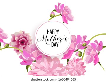Happy mother's day layout design with roses, lettering, ribbon, frame, dotted background. Vector illustration. Best mom / mum ever cute feminine design for menu, flyer, card, invitation.