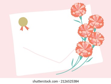 Happy mother's day layout design with letter and carnation bouquet.