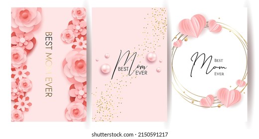 Happy Mother's Day Layout Design With Roses, Lettering, Ribbon, Frame, Dotted Background. Vector Illustration.  Best Mom Mum Ever Cute Feminine Design For Menu, Flyer, Card, Invitation. Set Of Cards