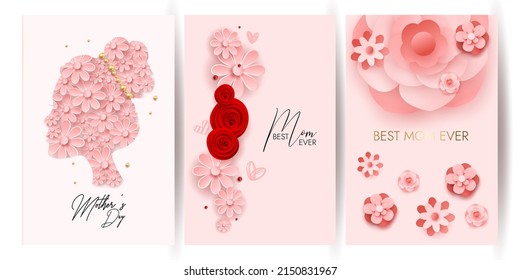 Happy mother's day layout design with roses, lettering, ribbon, frame, dotted background. Vector illustration.  Best mom mum ever cute feminine design for menu, flyer, card, invitation. Set of cards