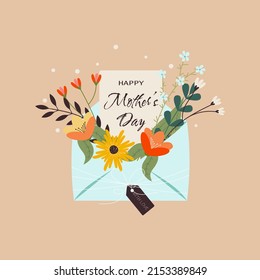 Happy Mother's Day. Layout design of envelope, spring flowers and greeting card. Background for Mother's Day, Women's day and wedding invitation. Vector illustration.