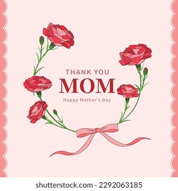 Happy Mother's Day layout Design with red carnation flowers and ribbon. Vector illustration