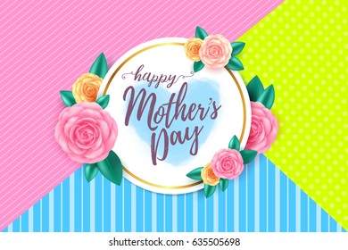 Happy mothers day layout design with roses, lettering, ribbon,frame and flowers background for Best mom, mum ever flyer and card.