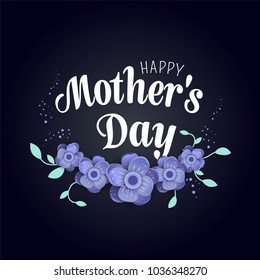 Happy Mother's Day lettering . 3 idllustration with origami flowers  and frame on a dark background.  Place for your text.