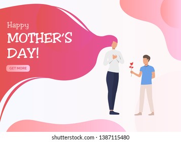 Happy Mothers Day Lettering, Boy Giving Flower To Mommy. Love, Parenting, Relationship Concept. Presentation Slide Template. Vector Illustration For Topics Like Mothers Day, Childhood, Family