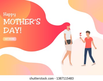 Happy Mothers Day Lettering, Boy Giving Flower To Mom. Love, Parenting, Relationship Concept. Presentation Slide Template. Vector Illustration For Topics Like Mothers Day, Childhood, Family