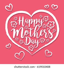 Happy Mother's Day lettering or calligraphy with hand drawn flowers and isolated on pink background. Doodle vector Illustration.