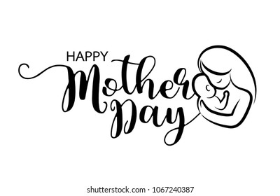 Happy Mother's Day lettering design with mom hugs her child icon. Vector illustration isolated on a white background.