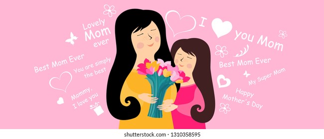 Happy Mother's Day. Lettering design. I love you mum. Best mom ever. Beautiful mom face smiling with little daughter and bouquet of tulips. Horizontal card format for web banner or header. vector