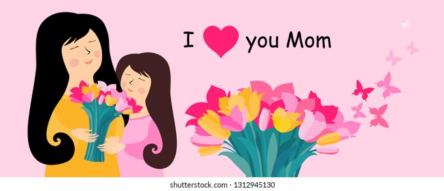 Happy Mother's Day. lettering design. I love you mum. Beautiful mom face smiling with little daughter and bouquet of tulips. Horizontal card format for web banner or header.  vector illustration