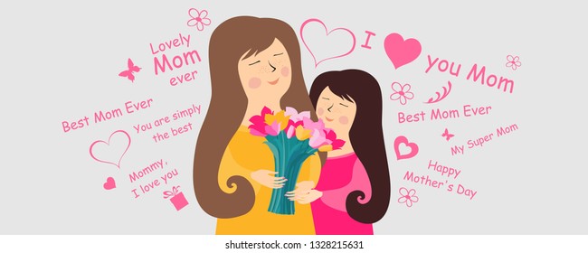 Happy Mother's Day. Lettering design. I love you mum. Beautiful mom face smiling with little daughter and bouquet of tulips. Horizontal card format for web banner or header. Vector illustration