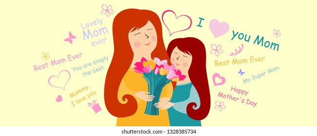 Happy Mother's Day. Lettering design. I love you mum. Beautiful mom face smiling with little daughter and bouquet of tulips. Horizontal card format for web banner or header. Vector illustration