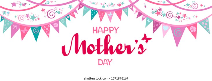 Happy Mothers Day. Lettering design.  Horizontal card format for web banner or header. Drawn lettering in tender colors. This is an event in May.  Holiday sale or offer sign. Vector illustration