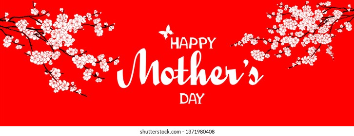 Happy Mothers Day. Lettering design.  Greeting card. Celebration red background with white flowers and place for your text. Horizontal Banner. Web banner design background for header Templates. Vector