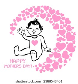  Happy Mother's Day. Lettering design. Horizontal card format for web banner or header. Happy International Mother's Day card, loving family, parenthood childhood concept. Vector illustration