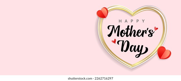 Happy Mothers Day lettering in golden heart frame. Vector Mother's day poster design for special offer sale shopping. Best Mom ever greeting card or banner