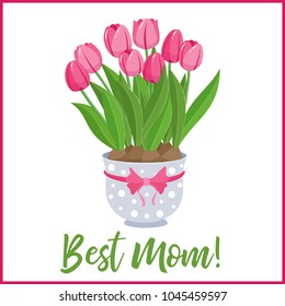 Happy Mothers Day lettering greeting banner with spring lowers. Pink tulips in blue polka dot pot with pink bow.Vector illustration.