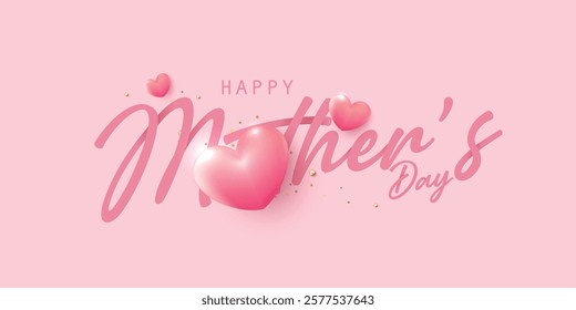 Happy Mothers Day lettering. Mothers day greeting card with heart on pink background. symbols of love in shape of heart for greeting card, cover and label. vector design.