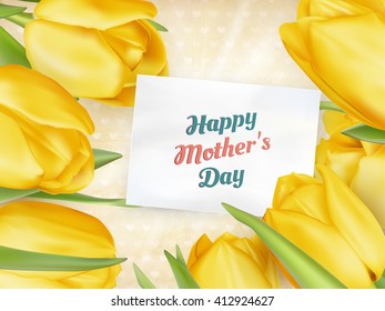 Happy Mothers Day lettering. Mothers day greeting card with Blooming Tulip Flowers. EPS 10 vector file included