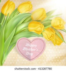 Happy Mothers Day lettering. Mothers day greeting card with Blooming Tulip Flowers. EPS 10 vector file included