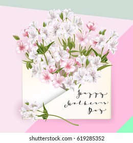 'Happy Mothers Day' lettering. Mothers day greeting card with Flowers in an envelope. Vector illustration