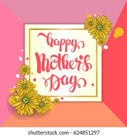 Happy Mothers Day lettering. Mothers day greeting card with Blooming Tulip Flowers. Vector illustration with pink text.