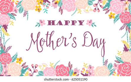 Happy Mothers Day lettering greeting banner with Flowers. Vector illustration.