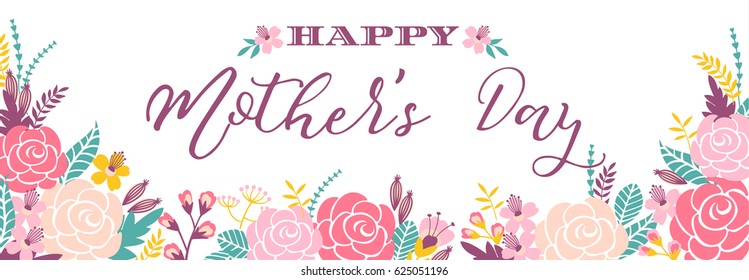 Happy Mothers Day Lettering Greeting Banner With Flowers. Vector Illustration.