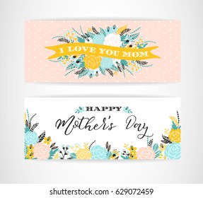 Happy Mothers Day lettering greeting banner with Flowers. Vector illustration.