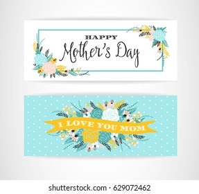 Happy Mothers Day lettering greeting banner with Flowers. Vector illustration