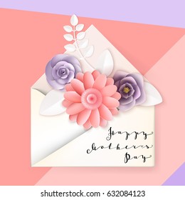 Happy Mothers Day lettering. Mothers day greeting card with Flowers in an envelope. Vector illustration