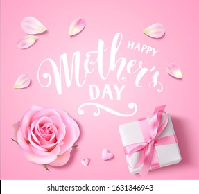 Happy mothers day lettering on pink background. Holiday design template with gift box, pink bow, pink rose, hearts and petals. Vector illustration