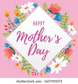 Happy Mother's Day. Lettering on frame background with flower blossom. Vector illustration