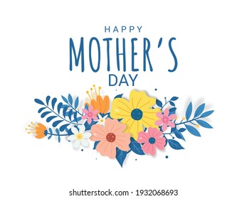 Happy Mother's Day lettering on a white background illustration with flowers and shadow.