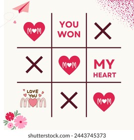 Happy Mother's Day lettering on a white. Bright illustration with flowers and shadows. Beautiful mother day card with white theme with pink editings. tic tac toe concept