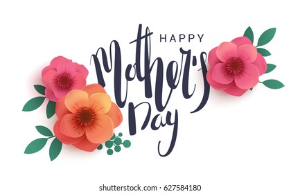 Happy Mother's Day lettering on a white background. Bright illustration with red flowers and shadow.