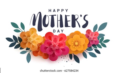Happy Mother's Day lettering on a white. Bright illustration with red flowers and shadow. Paper flowers for the holiday.