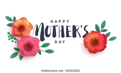 Happy Mother's Day lettering on a white background. Bright spring illustration with red flowers and shadow. Paper flowers for the holiday.