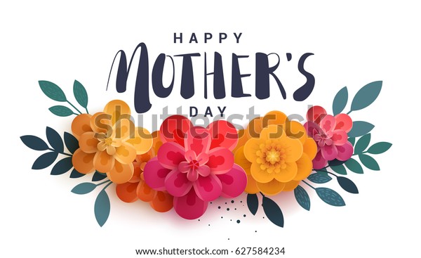 白い背景に幸せな母の日の文字 赤い花と影の付いた明るいイラスト 祝いの紙の花 のベクター画像素材 ロイヤリティフリー