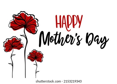 Happy Mother's Day lettering with red flowers on white background. Greeting card with poppies. Vector illustration for cards, banner, website, social media, commercial, poster.