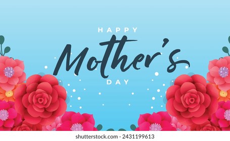 Happy Mother's Day lettering with red flowers and shadow on blue background