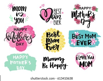 Happy mother's day lettering set with hand written phrases and flowers.