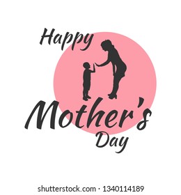 Happy Mother's Day lettering and silhouette of mom and son on pink background.