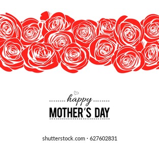 Happy Mother's day lettering template on white background with doodle red roses border  for your holiday design. Modern greeting card. Vector illustration.